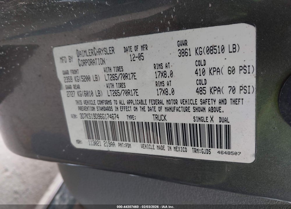 2006 DODGE RAM 1500 LARAMIE VIN: 3D7KS19D96G174674