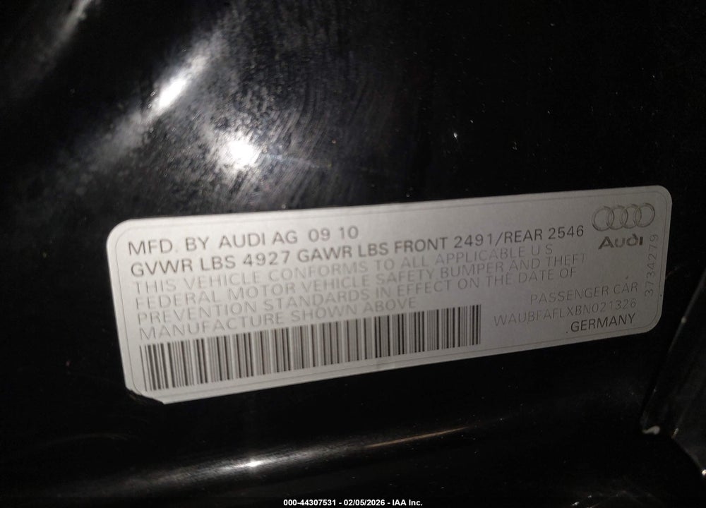 2011 AUDI A4 2.0T PREMIUM VIN: WAUBFAFLXBN021326