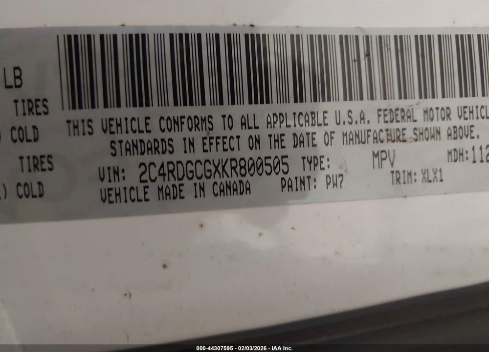 2019 DODGE GRAND CARAVAN SXT VIN: 2C4RDGCGXKR800505