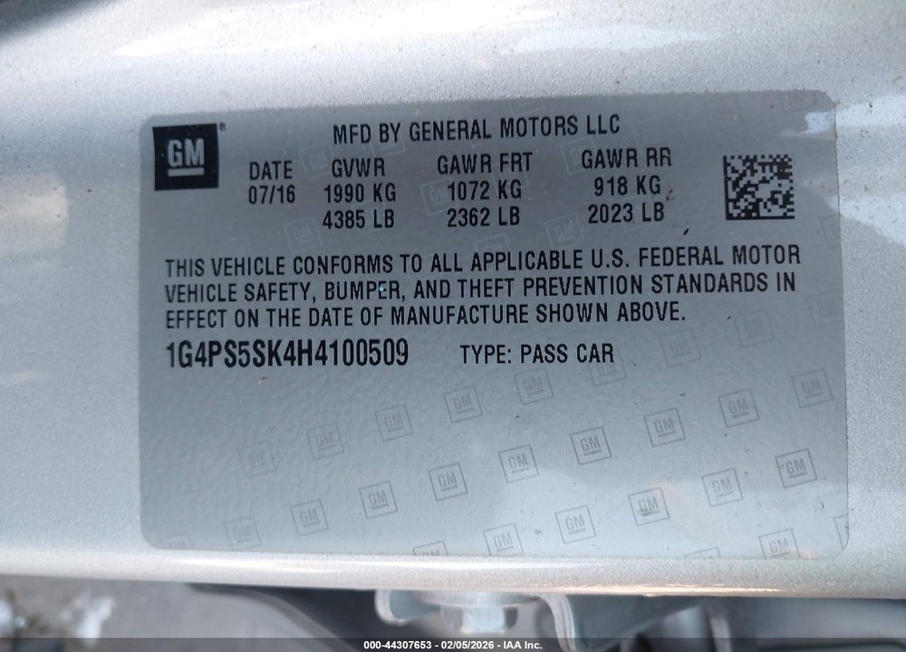 2017 BUICK VERANO LEATHER GROUP VIN: 1G4PS5SK4H4100509