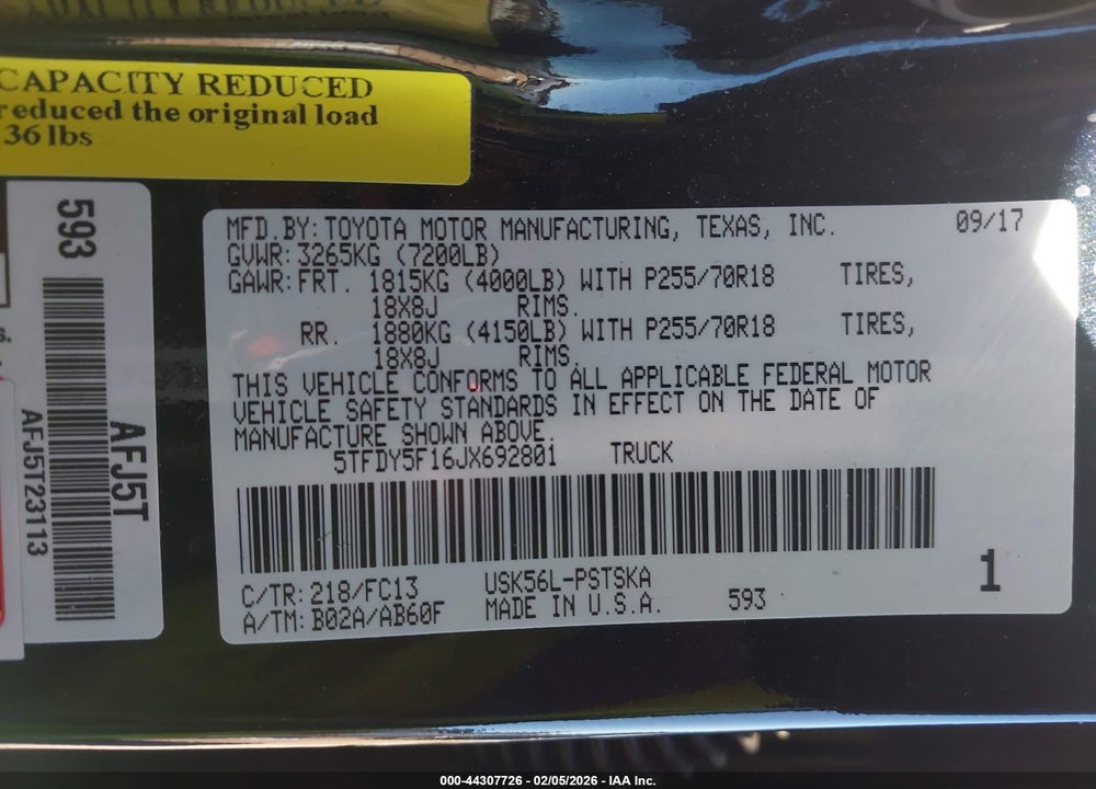 2018 TOYOTA TUNDRA SR5 5.7L V8 VIN: 5TFDY5F16JX692801