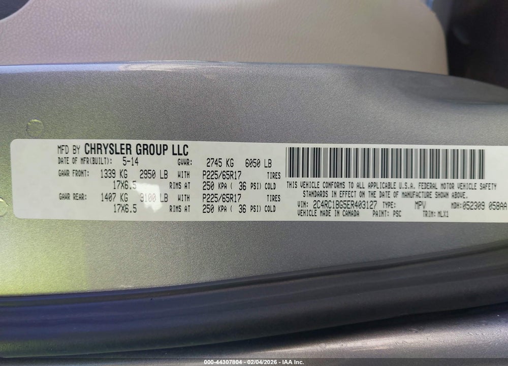 2014 CHRYSLER TOWN & COUNTRY TOURING VIN: 2C4RC1BG5ER403127