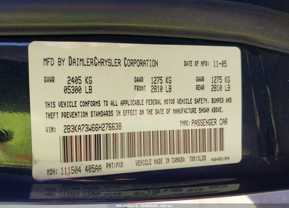 2006 DODGE CHARGER SRT8 VIN: 2B3KA73W66H276638