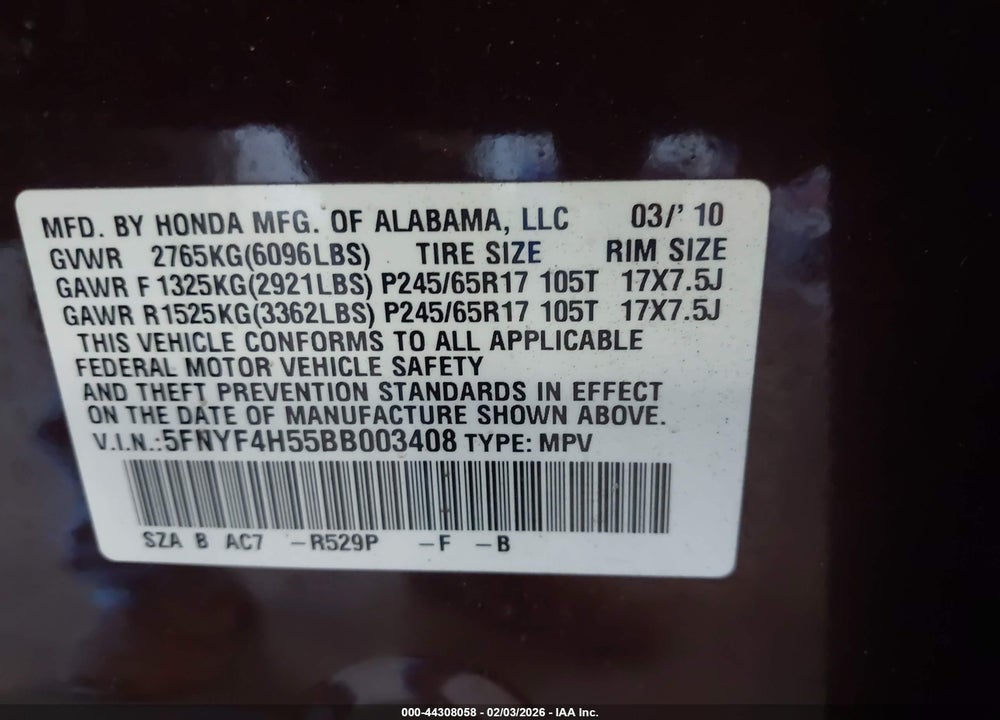 2011 HONDA PILOT EX-L VIN: 5FNYF4H55BB003408