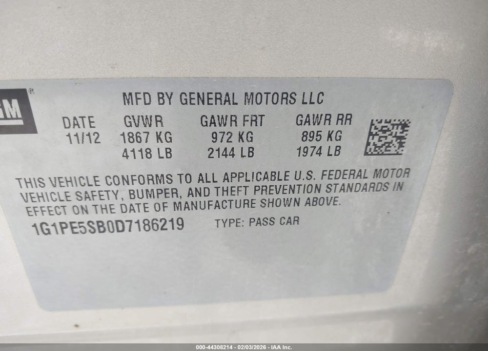 2013 CHEVROLET CRUZE VIN: 1G1PE5SB0D7186219