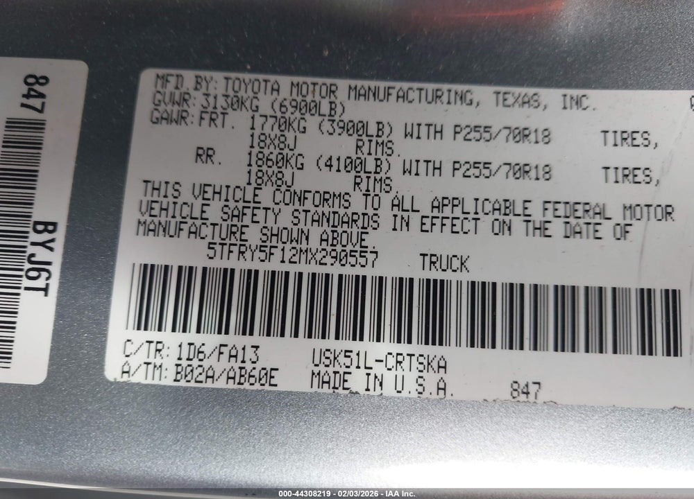 2021 TOYOTA TUNDRA SR VIN: 5TFRY5F12MX290557
