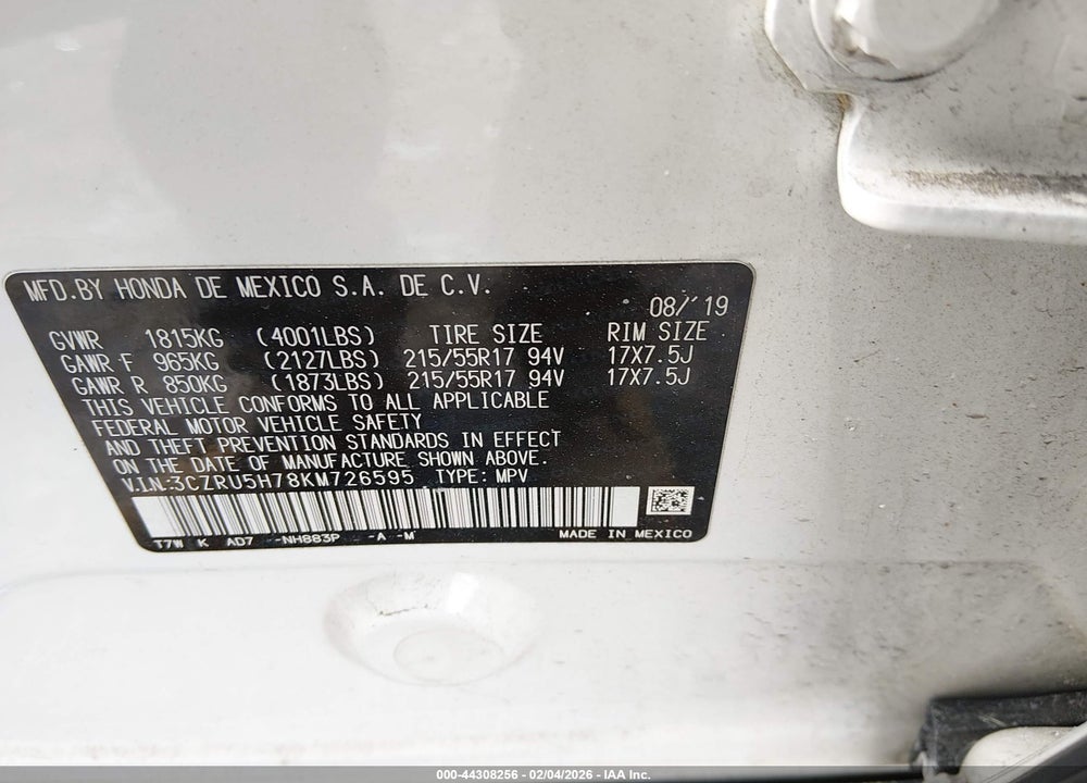 2019 HONDA HR-V EX-L VIN: 3CZRU5H78KM726595