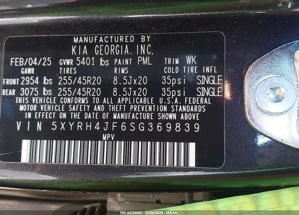 2025 KIA SORENTO EX VIN: 5XYRH4JF6SG369839