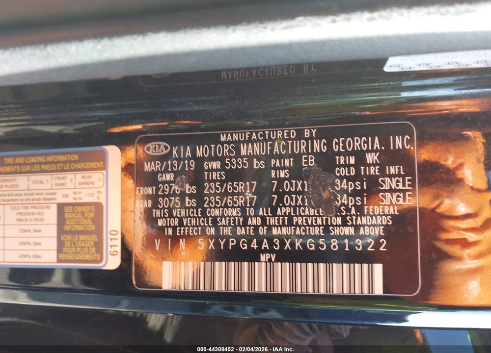 2019 KIA SORENTO 2.4L L VIN: 5XYPG4A3XKG581322