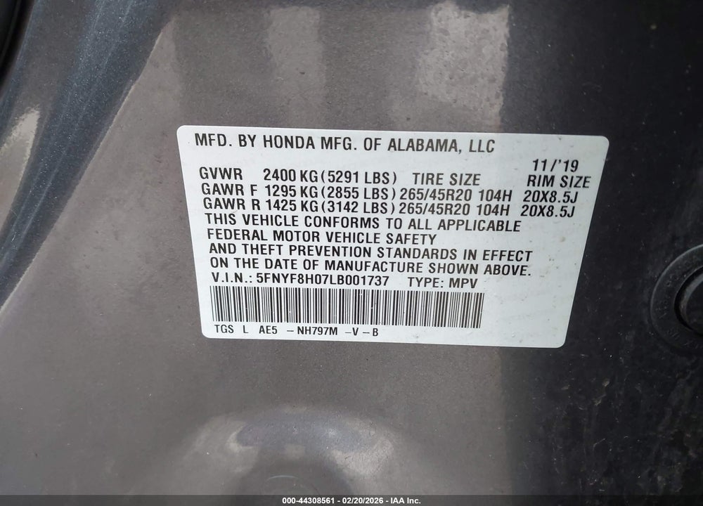 2020 HONDA PASSPORT AWD ELITE VIN: 5FNYF8H07LB001737