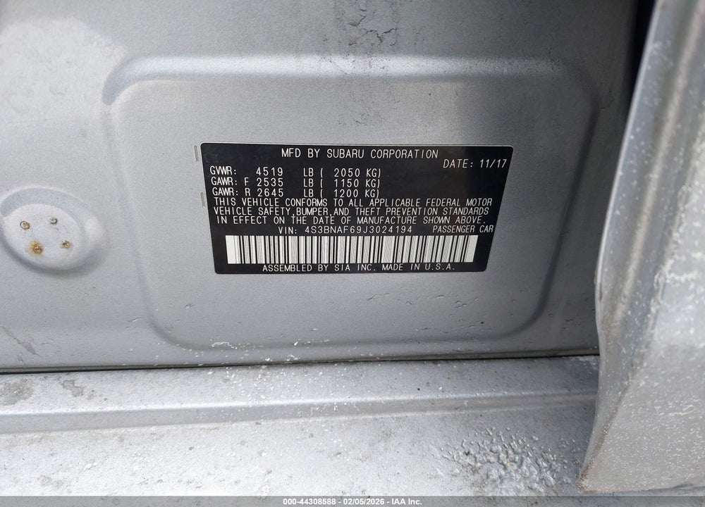 2018 SUBARU LEGACY 2.5I PREMIUM VIN: 4S3BNAF69J3024194
