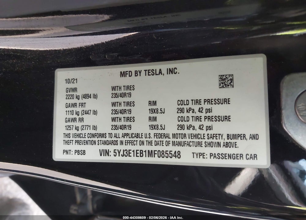 2021 TESLA MODEL 3 LONG RANGE DUAL MOTOR ALL-WHEEL DRIVE VIN: 5YJ3E1EB1MF085548