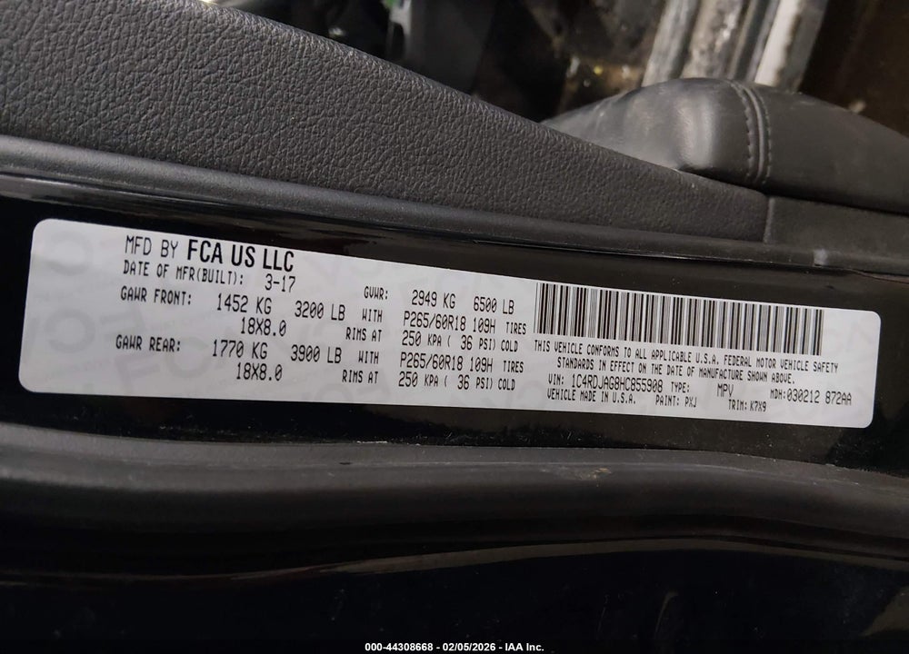 2017 DODGE DURANGO SXT AWD VIN: 1C4RDJAG8HC855908