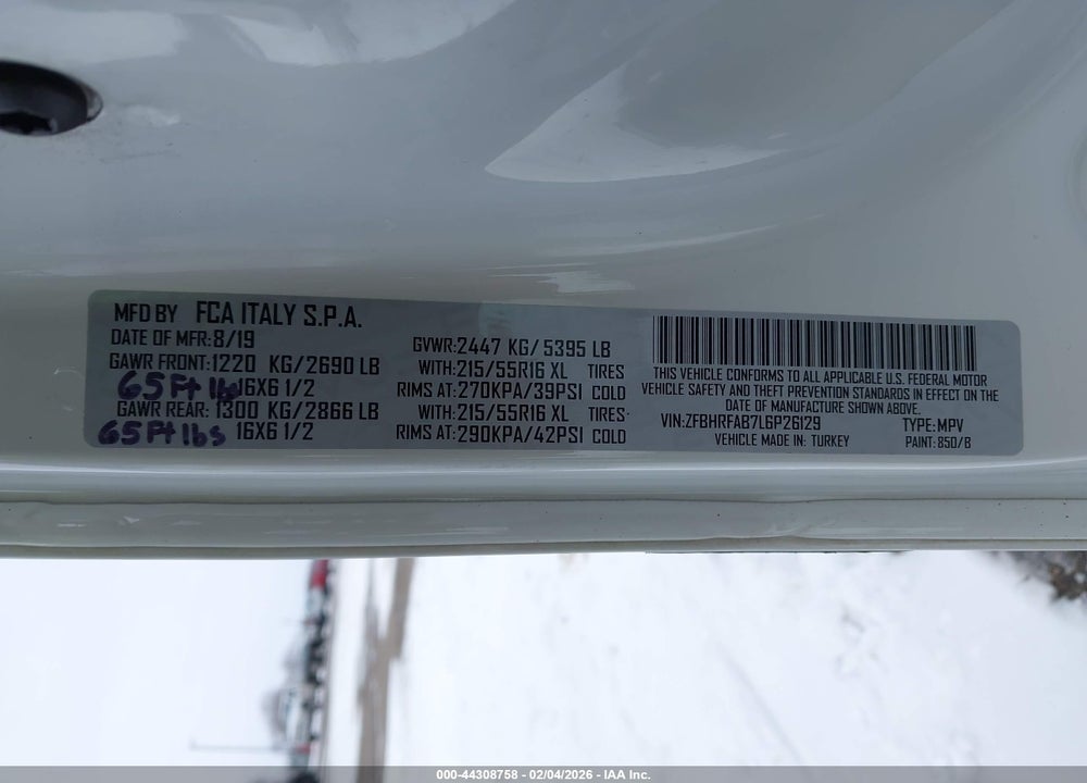 2020 RAM PROMASTER CITY TRADESMAN VIN: ZFBHRFAB7L6P26129