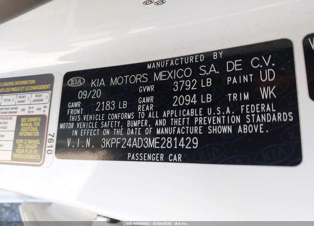 2021 KIA FORTE LXS VIN: 3KPF24AD3ME281429