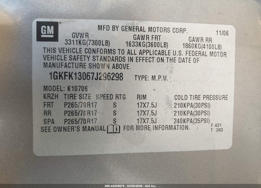 2007 GMC YUKON SLT VIN: 1GKFK13067J296298