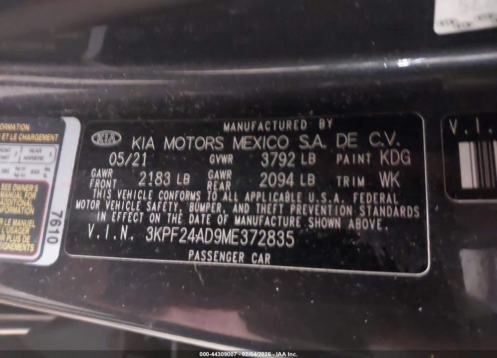 2021 KIA FORTE LXS VIN: 3KPF24AD9ME372835
