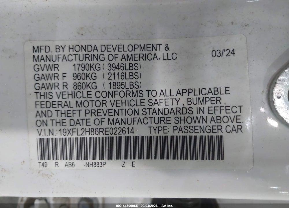 2024 HONDA CIVIC SPORT VIN: 19XFL2H86RE022614