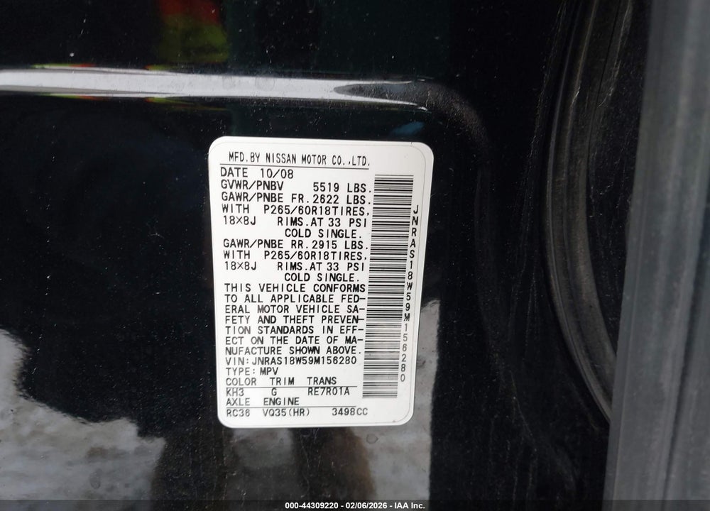 2009 INFINITI FX35 VIN: JNRAS18W59M156280
