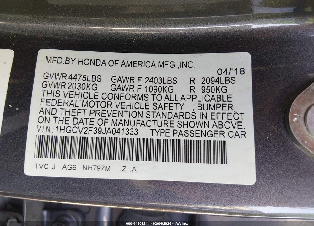 2018 HONDA ACCORD SPORT 2.0T VIN: 1HGCV2F39JA041333