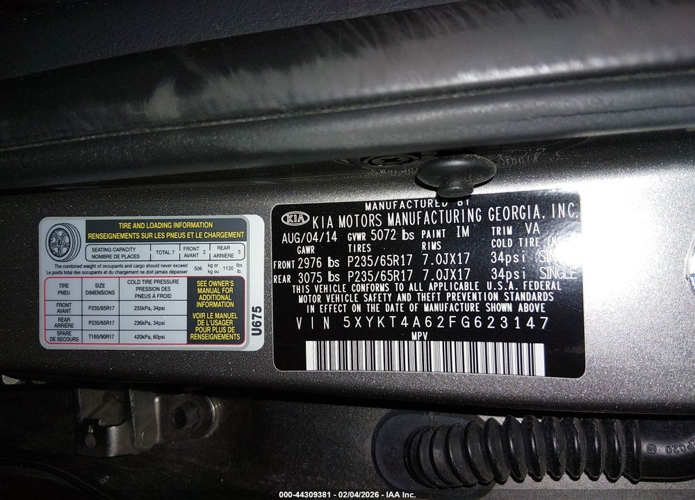 2015 KIA SORENTO LX VIN: 5XYKT4A62FG623147