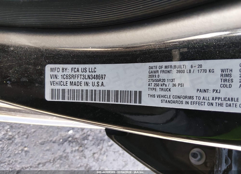 2020 RAM 1500 BIG HORN  4X4 5'7 BOX VIN: 1C6SRFFT3LN348697