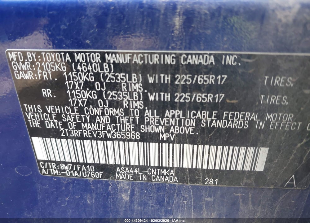 2015 TOYOTA RAV4 XLE VIN: 2T3RFREV3FW365968