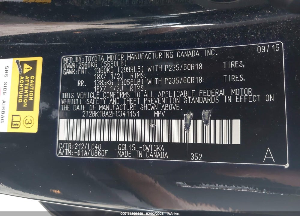 2015 LEXUS RX 350 VIN: 2T2BK1BA2FC341151