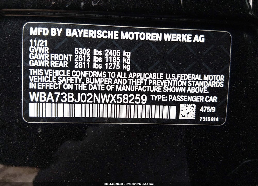 2022 BMW 540 I XDRIVE VIN: WBA73BJ02NWX58259