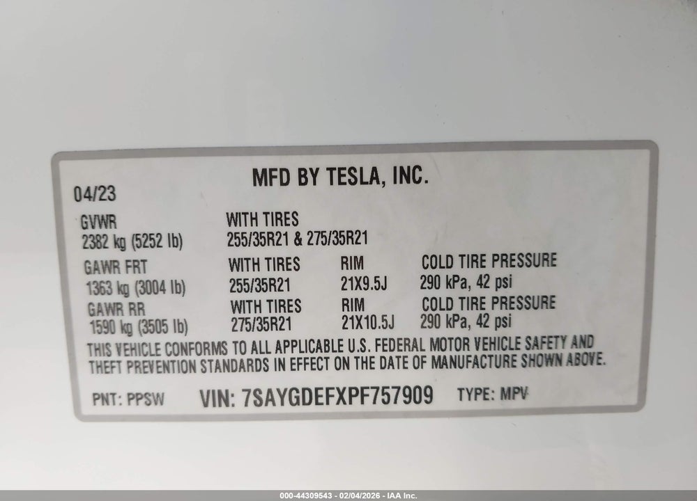 2023 TESLA MODEL Y PERFORMANCE DUAL MOTOR ALL-WHEEL DRIVE VIN: 7SAYGDEFXPF757909