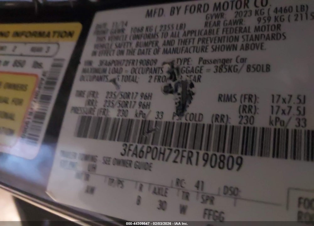 2015 FORD FUSION SE VIN: 3FA6P0H72FR190809