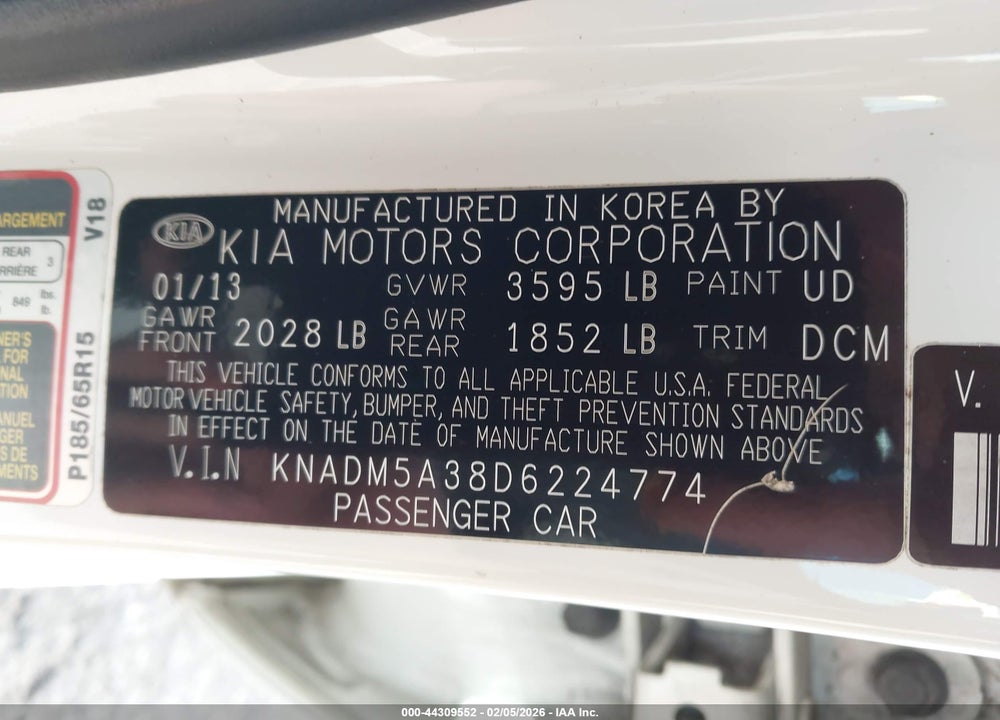 2013 KIA RIO LX VIN: KNADM5A38D6224774