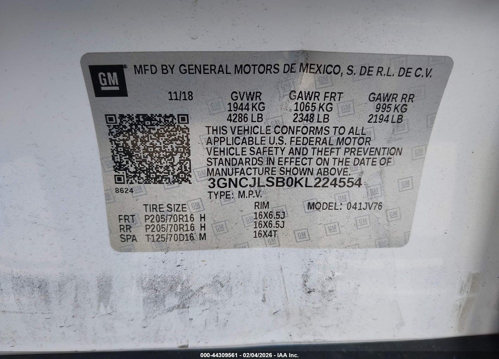 2019 CHEVROLET TRAX LT VIN: 3GNCJLSB0KL224554