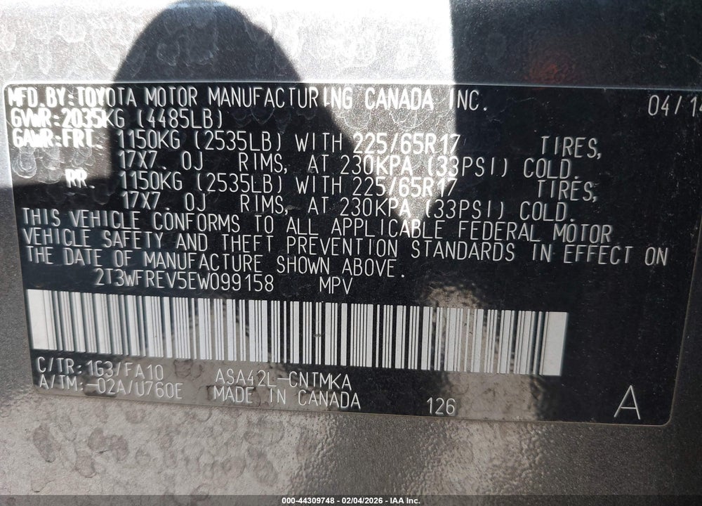 2014 TOYOTA RAV4 XLE VIN: 2T3WFREV5EW099158
