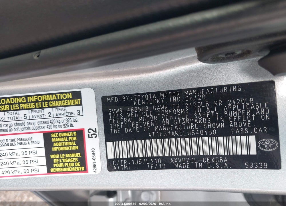 2020 TOYOTA CAMRY XLE HYBRID VIN: 4T1F31AK5LU540458