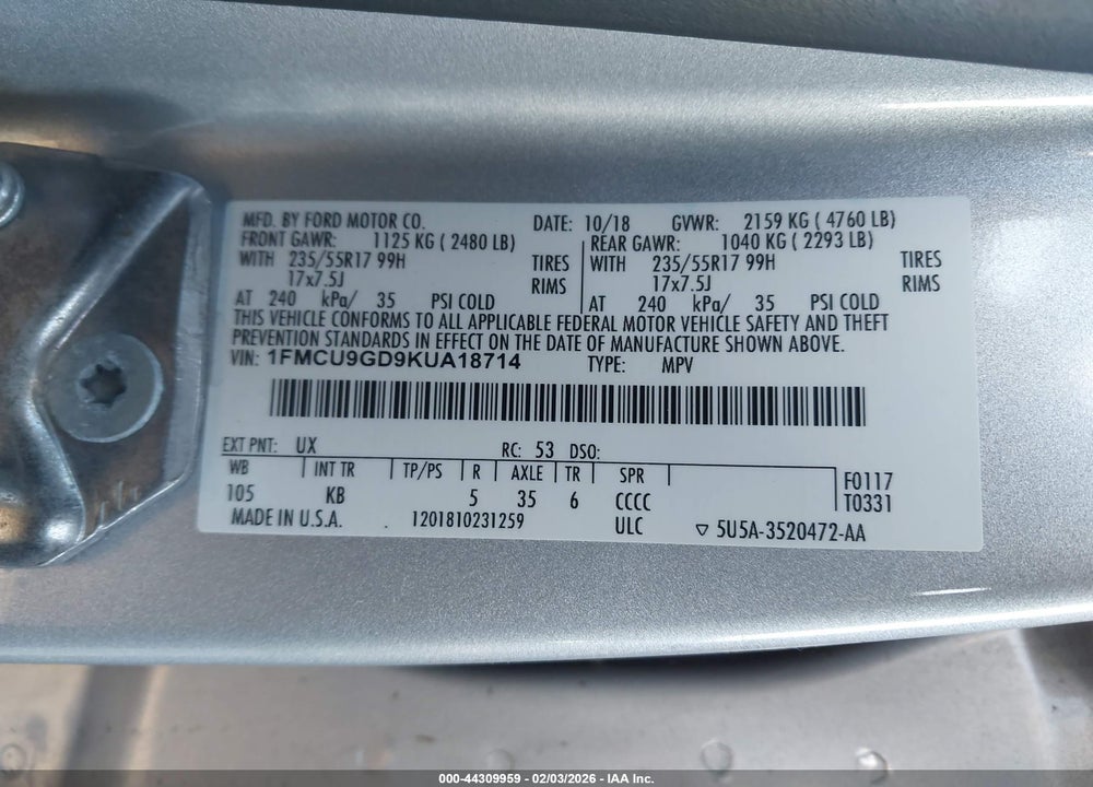 2019 FORD ESCAPE SE VIN: 1FMCU9GD9KUA18714