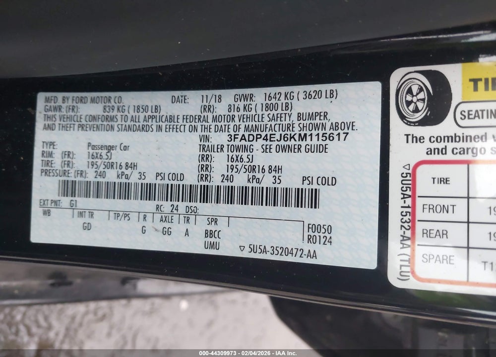 2019 FORD FIESTA SE VIN: 3FADP4EJ6KM115617