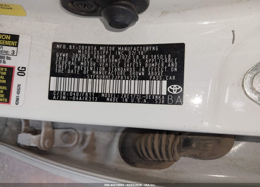 2018 TOYOTA COROLLA LE VIN: 5YFBURHE2JP814272