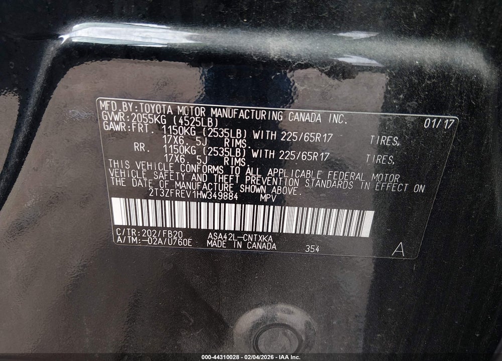 2017 TOYOTA RAV4 LE VIN: 2T3ZFREV1HW349884