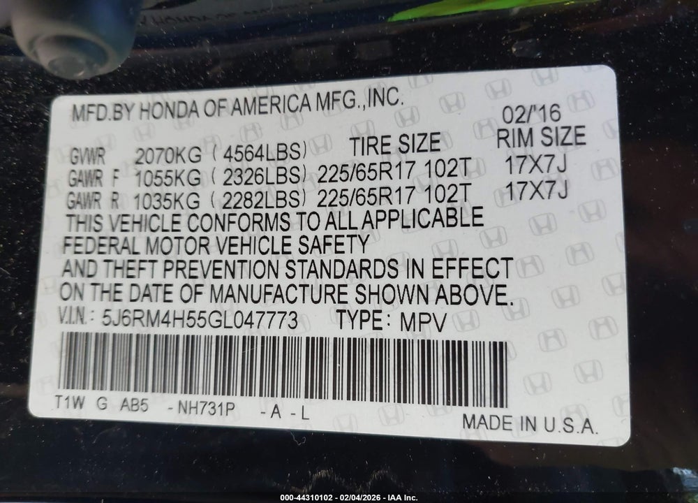 2016 HONDA CR-V EX VIN: 5J6RM4H55GL047773