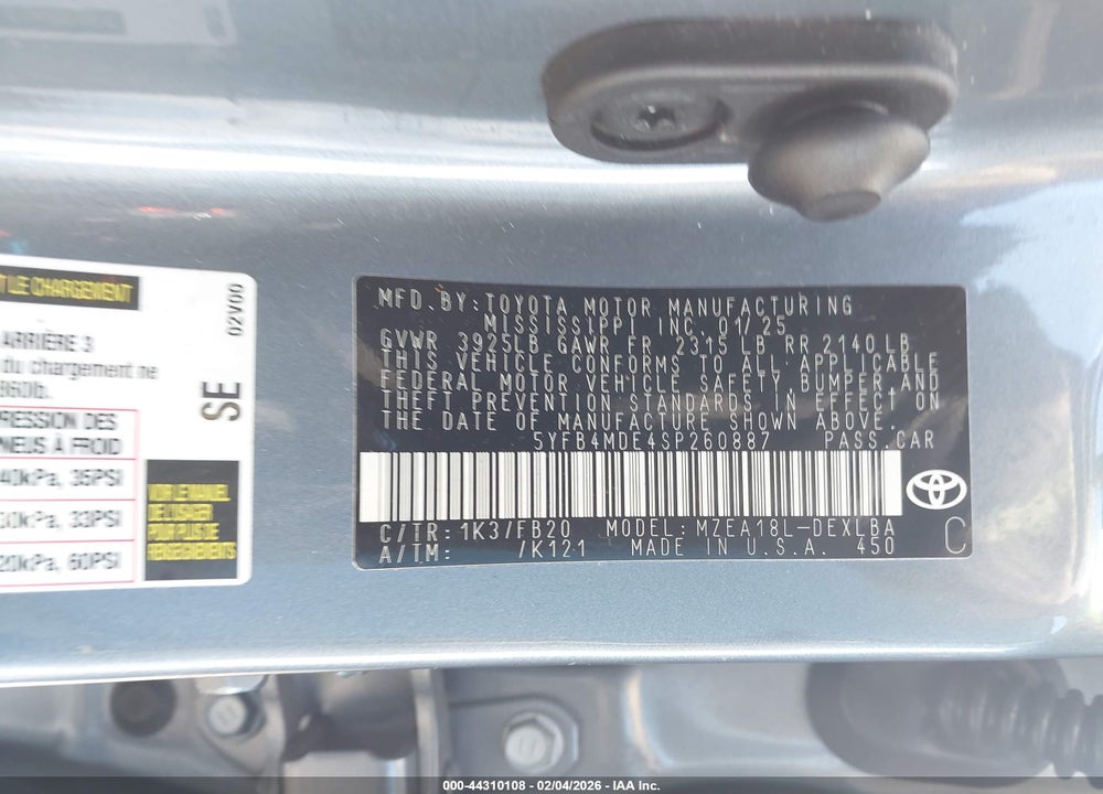 2025 TOYOTA COROLLA LE VIN: 5YFB4MDE4SP260887