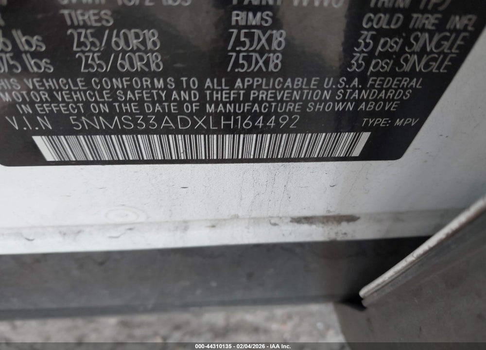 2020 HYUNDAI SANTA FE SEL VIN: 5NMS33ADXLH164492