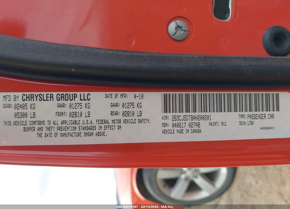 2010 DODGE CHALLENGER R/T VIN: 2B3CJ5DT8AH200201