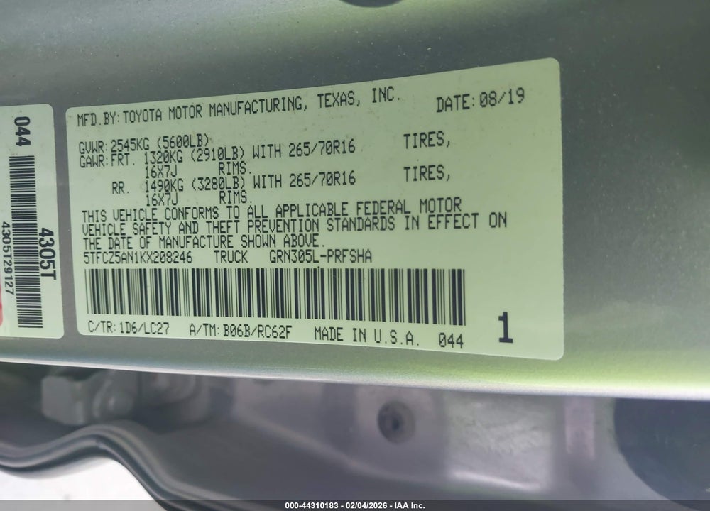 2019 TOYOTA TACOMA TRD OFF ROAD VIN: 5TFCZ5AN1KX208246