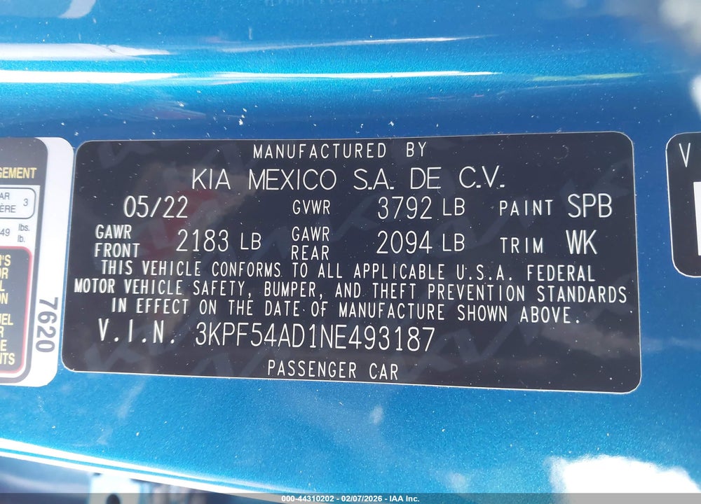 2022 KIA FORTE GT-LINE VIN: 3KPF54AD1NE493187