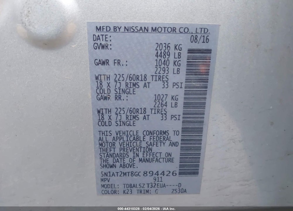 2016 NISSAN ROGUE SL VIN: 5N1AT2MT8GC894426