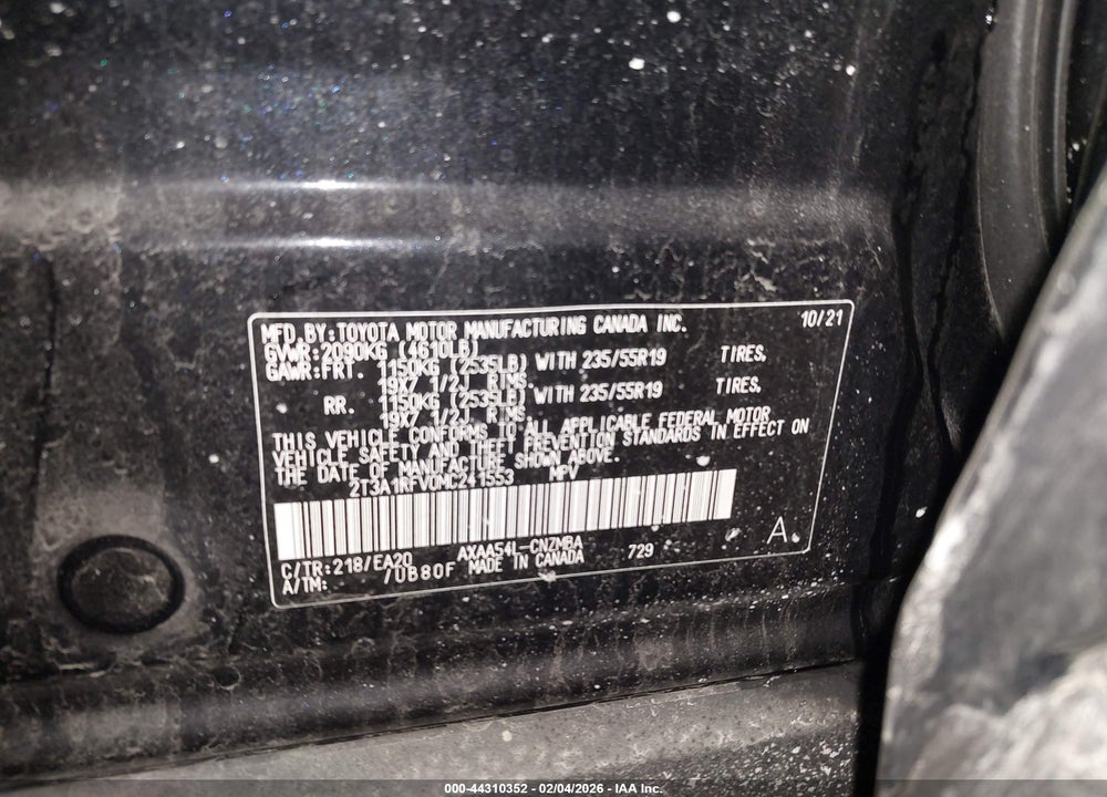 2021 TOYOTA RAV4 XLE PREMIUM VIN: 2T3A1RFV0MC241553