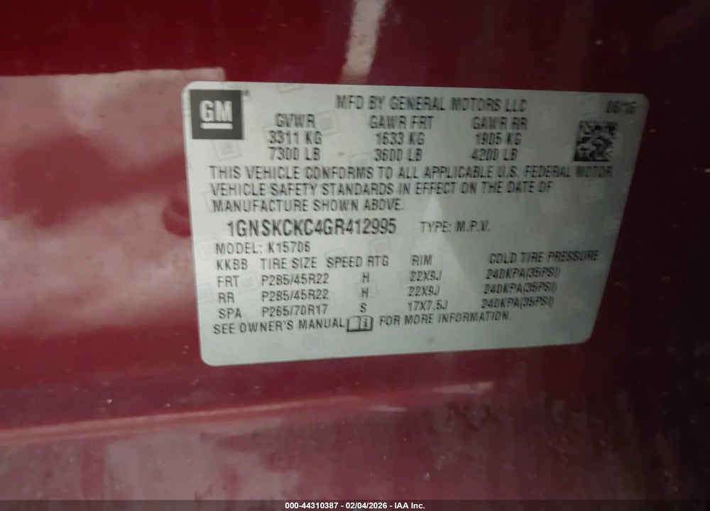 2016 CHEVROLET TAHOE LTZ VIN: 1GNSKCKC4GR412995
