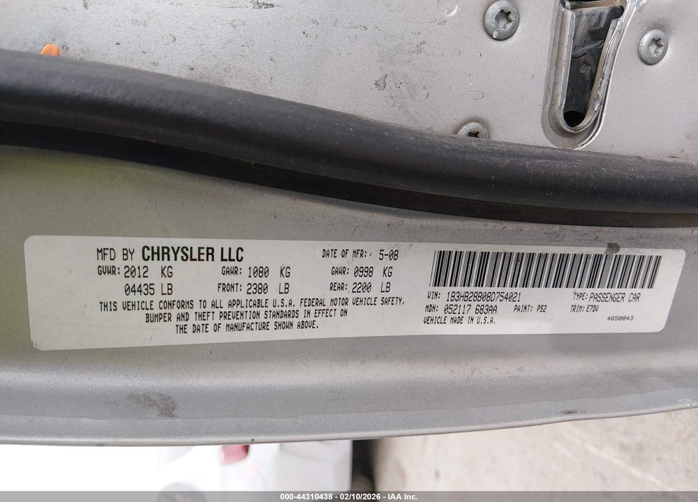 2008 DODGE CALIBER SE VIN: 1B3HB28B08D754021