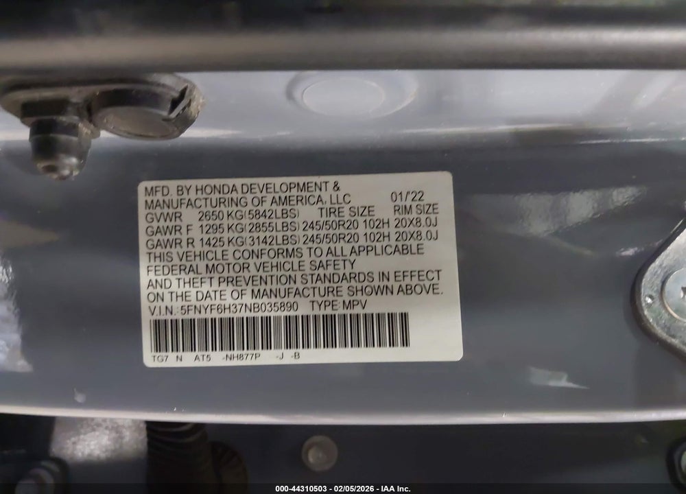 2022 HONDA PILOT AWD SPORT VIN: 5FNYF6H37NB035890